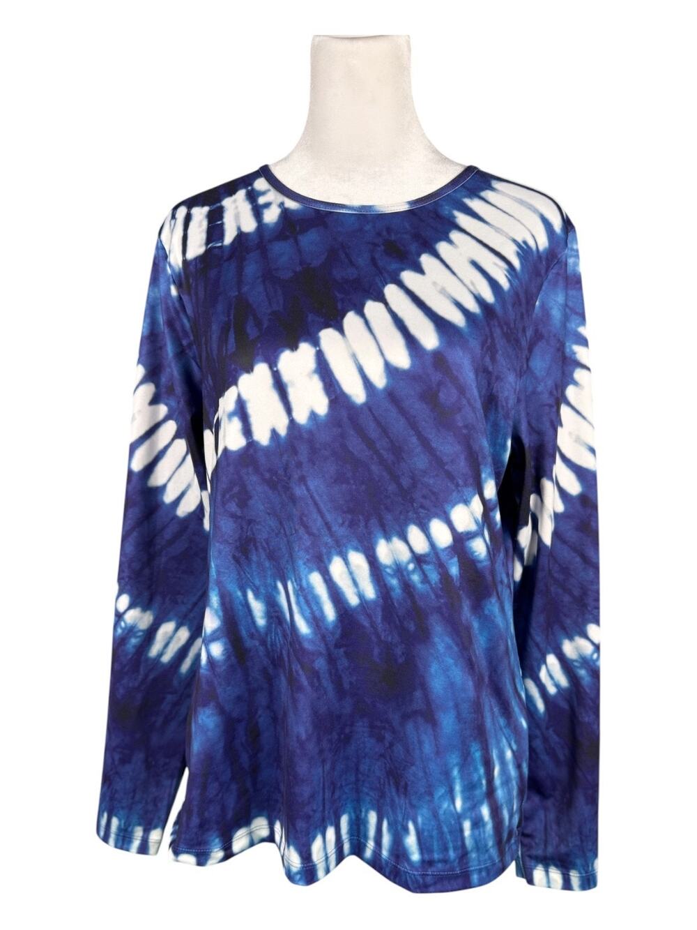 Lands End Women's M 10-12 Swim Shirt Rash Guard Long Sleeve Blue White Tie Dye